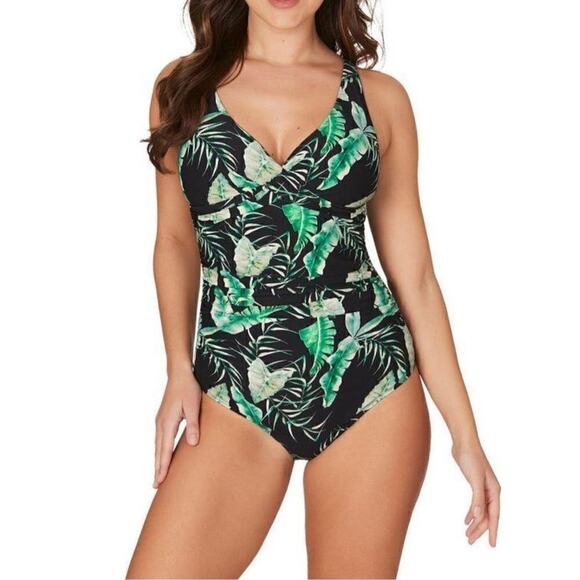 Niptuck Green‎ Jungle Tropical Ruched Wrap 1pc Moderate Coverage Swimsuit sz 6 - Picture 1 of 12